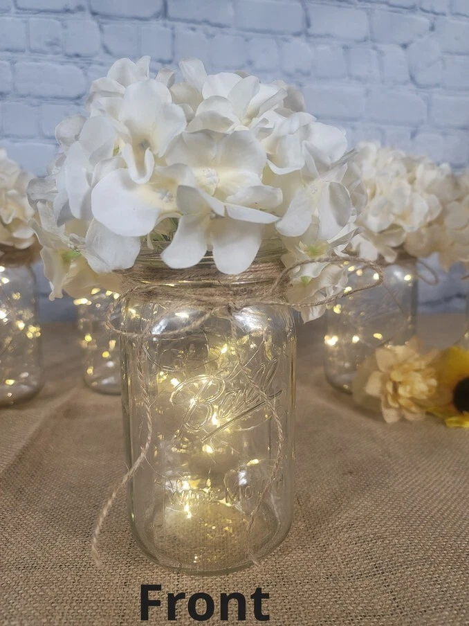 Lighted Mason Jar Centerpiece Set with Jute Bow and Floral Stems - Image 3 of 4