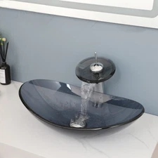 Clear Black Bathroom Vessel Sink Oval Tempered Glass Basin Bowl With Faucet Sets