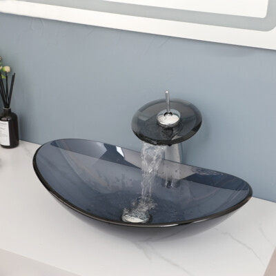 FA Bathroom Grey Vessel Sink Hand Tempered Glass Bowl with chrome Mixer Faucet
