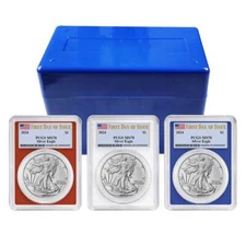 2024 $1 American Silver Eagle 3pc Set PCGS MS70 FDOI Flag Label Red White Blue