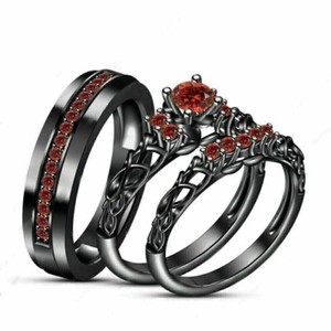 Authentic 2Ct Simulated Round Cut Red Garnet Trio His & Her Ring Set 14k Black Gold Plated