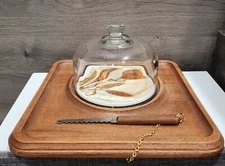 Vintage 1960/70s Goodwood Teak Wood Serving Tray Cheese Snack Board w/Glass Dome