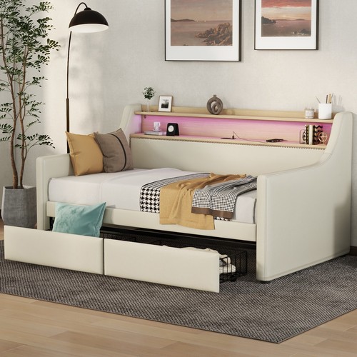 Twin Size Daybed w/ Drawers, Upholstered Bed w/ Charging Station and LED ,Beige