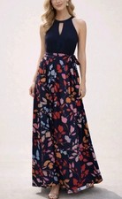 Vince Camuto Sz 6 Navy Floral Maxi Dress Halter Keyhole Belted Party Guest Flowy
