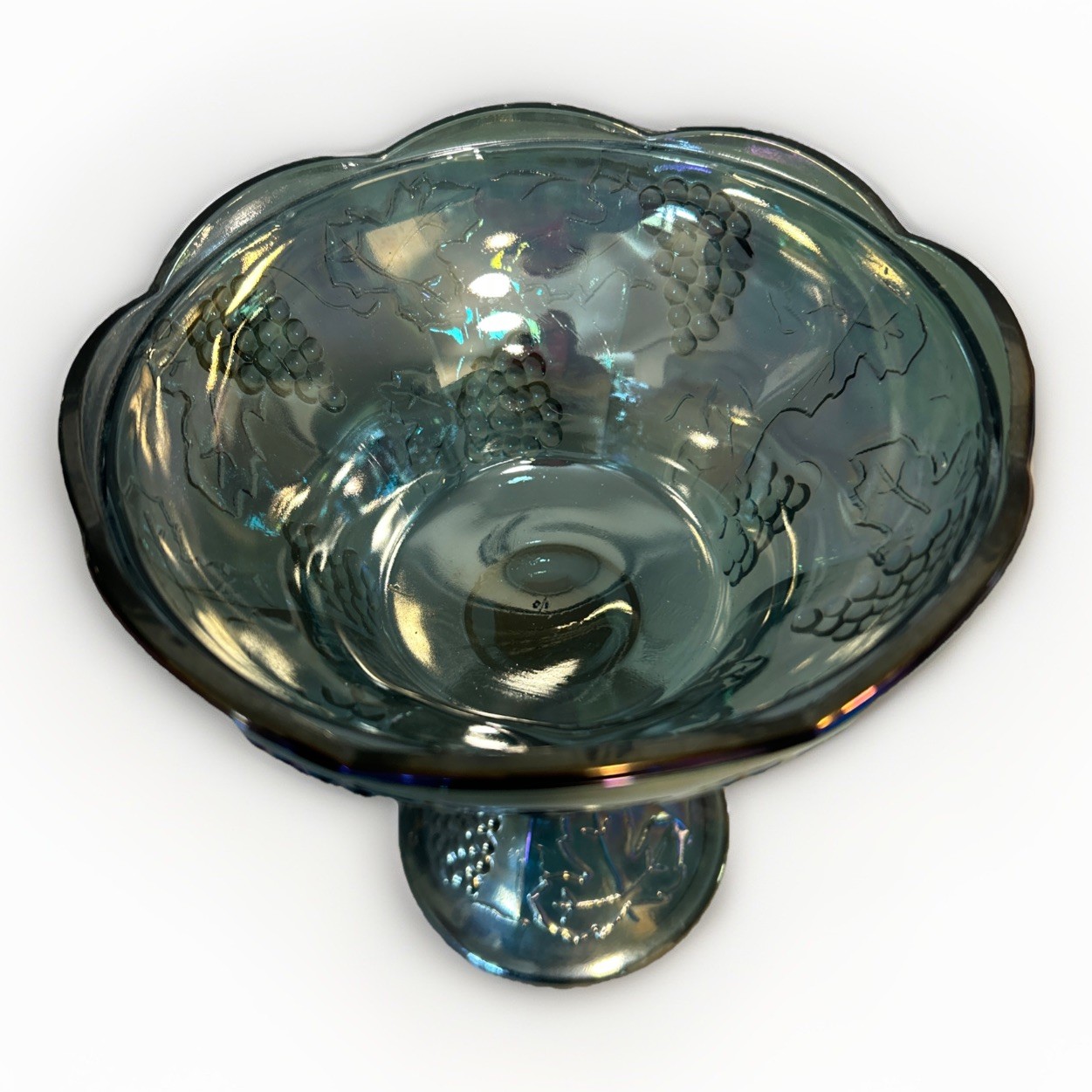 Vintage Indiana Blue Carnival Glass Harvest Grape Pedestal Compote Dish With Lid