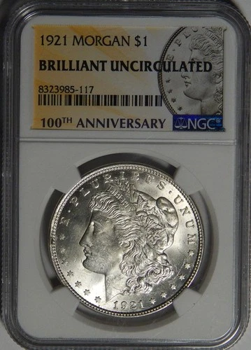1921 NGC BRILLIANT UNCIRCULATED 100TH ANNIVERSARY MORGAN DOLLAR - WG3