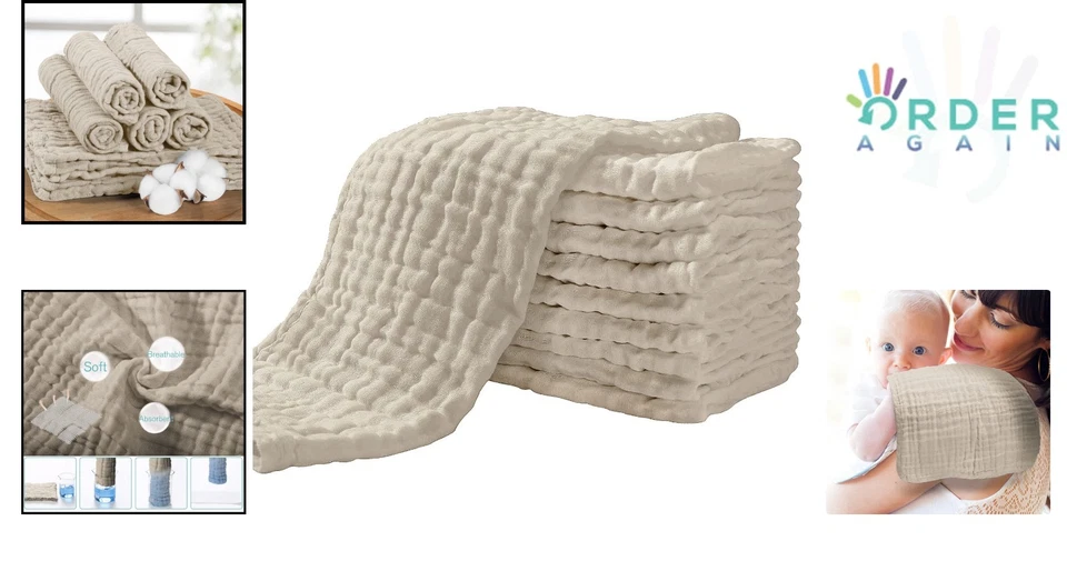 Paquete de 10 paños para eructos de muselina de algodón orgánico para bebés grandes suaves absorbentes Foto 2 de 4