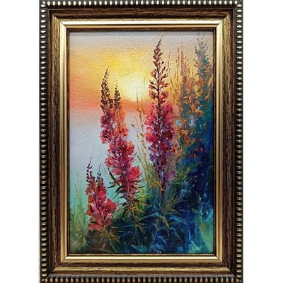 Wildflowers Original Oil Painting 4x6 Framed Signed Sunset Floral Landscape Art