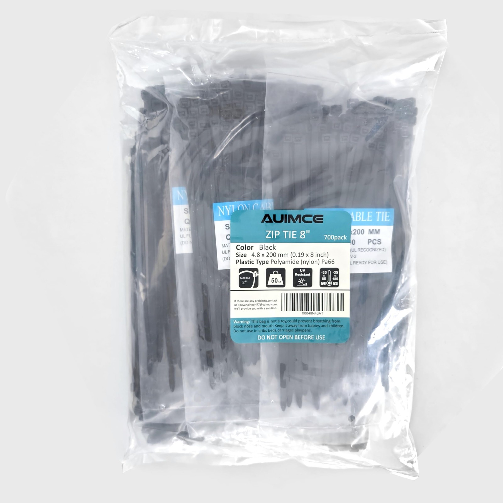 8-Inch Black Nylon Zip Ties (700 Pack) - 50lb Tensile Strength Cable Ties PA66