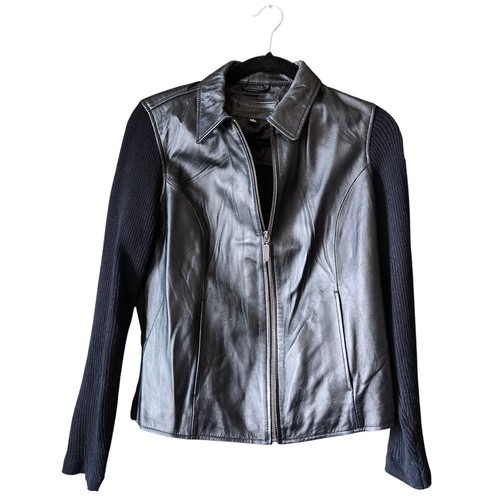 Jaclyn Smith Jacket Womens S Black Leather Knit Sleeves Moto Pockets Zip UP