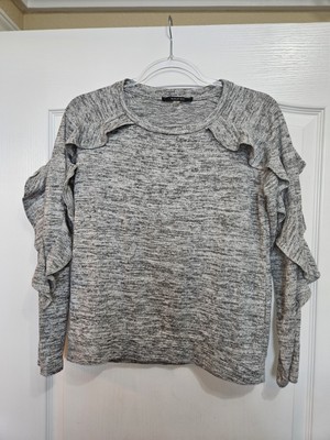 August Silk Women s Knit Sweater  Gray Pullover  Ruffle Sleeves  Sz Small