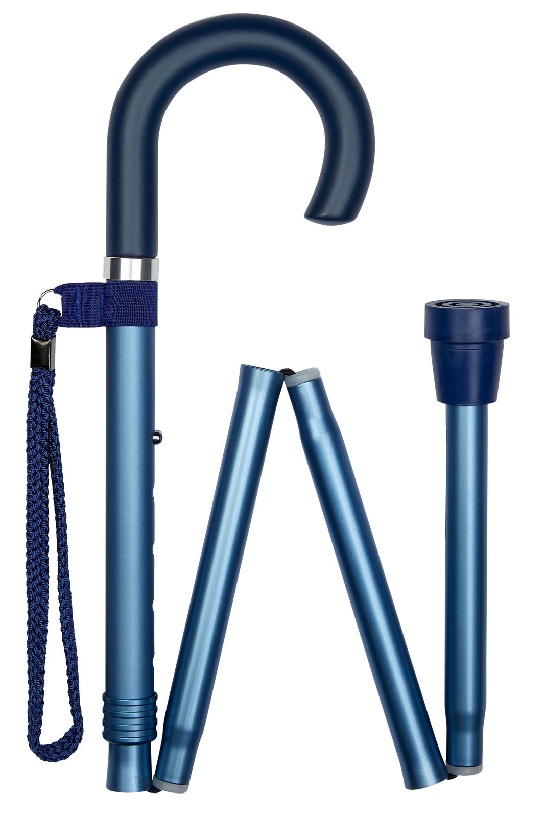 Blue Crook Handle Folding Walking Stick