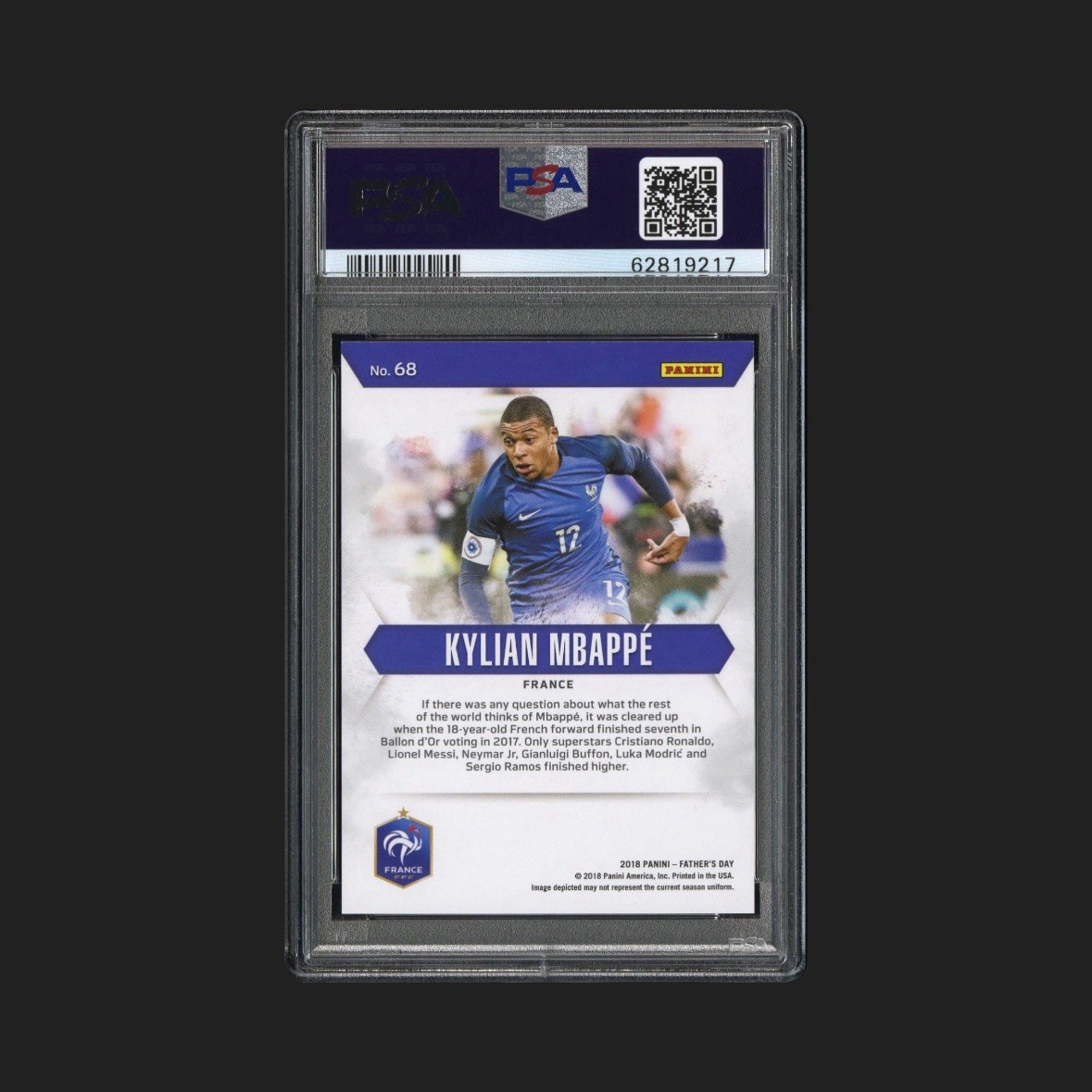 2018 Panini Father's Day Kylian Mbappe 68 #/399 Rookie RC PSA 9 view 2