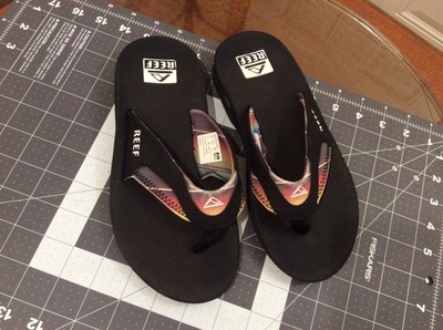 Women's Sz 4 Reef Fanning Bottle Opener Sole Black Gray Flip Flops Thong Sandals
