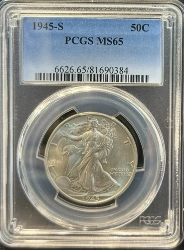 1945-S San Francisco Mint Silver Walking Liberty Half Dollar $1 Coin PCGS MS65