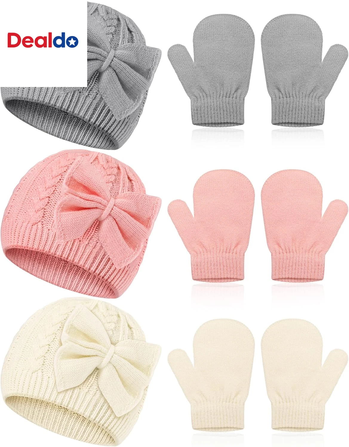 3 Set Toddler Hat Glove Set, Kids Winter Hats Warm Knitted Beanie Mittens Gloves