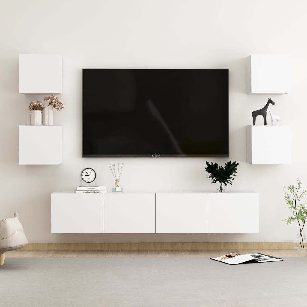 A 6 Piece TV Cabinet Set White Engineered Wood Q5B1