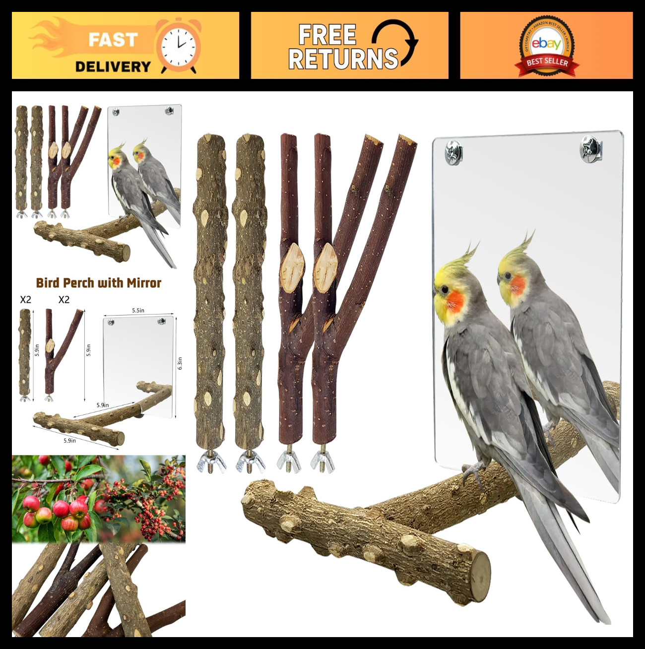 Wood Perches With Mirror Set For Parakeet Cockatiel Finch Lovebird