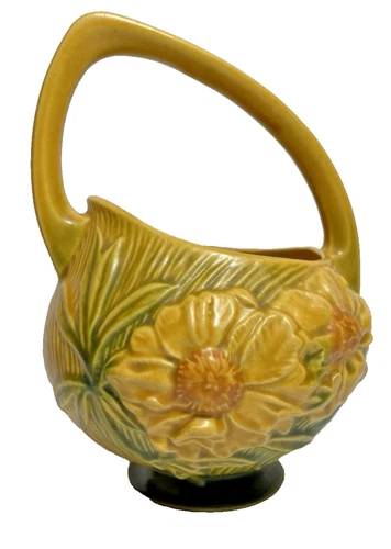 Roseville Pottery 376 Peony Yellow Asymmetrical Handle Raised Relief Basket 7" L