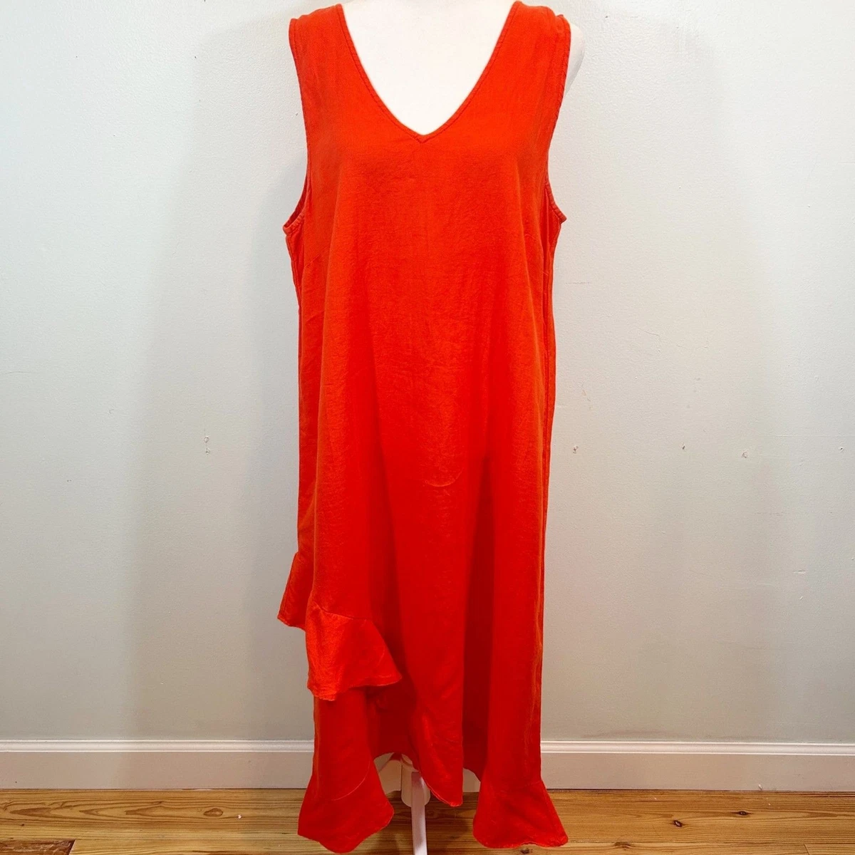lord and taylor orange dresses Lord & Taylor 100% Linen Orange Asymmetrical Ruffle Midi/Maxi Dress Size  Large