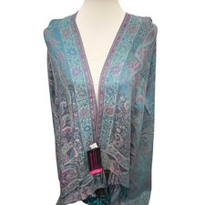 Women's Luxurious 100 Cashmere Paisley Shawl Scarf Teal Purple Fringe Bohemian
