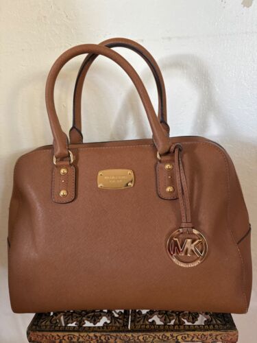 Michael Kors Leather Satchel Bag Brown Saffiano Leather Top Handle Dome Handbag