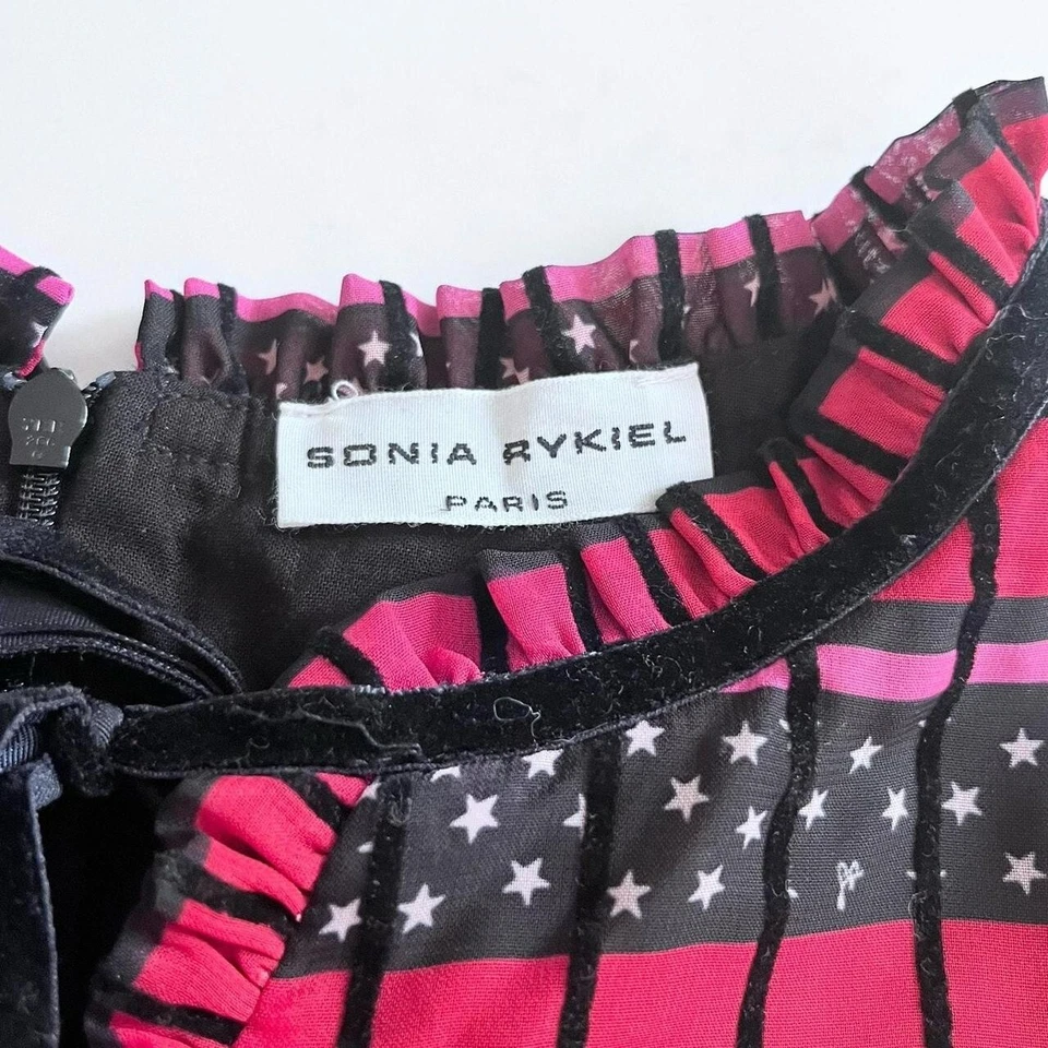 SONIA RYKIEL Girls 10  Stars Stripes Voile Dress Pink Red Black Long Bell Sleeve - Image 3 of 4
