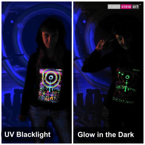 WOMENS HOOD T-SHIRT UV-Blacklight Glow-In-The-Dark Psychedelic Psy Goa Trance - Afbeelding 1 van 13
