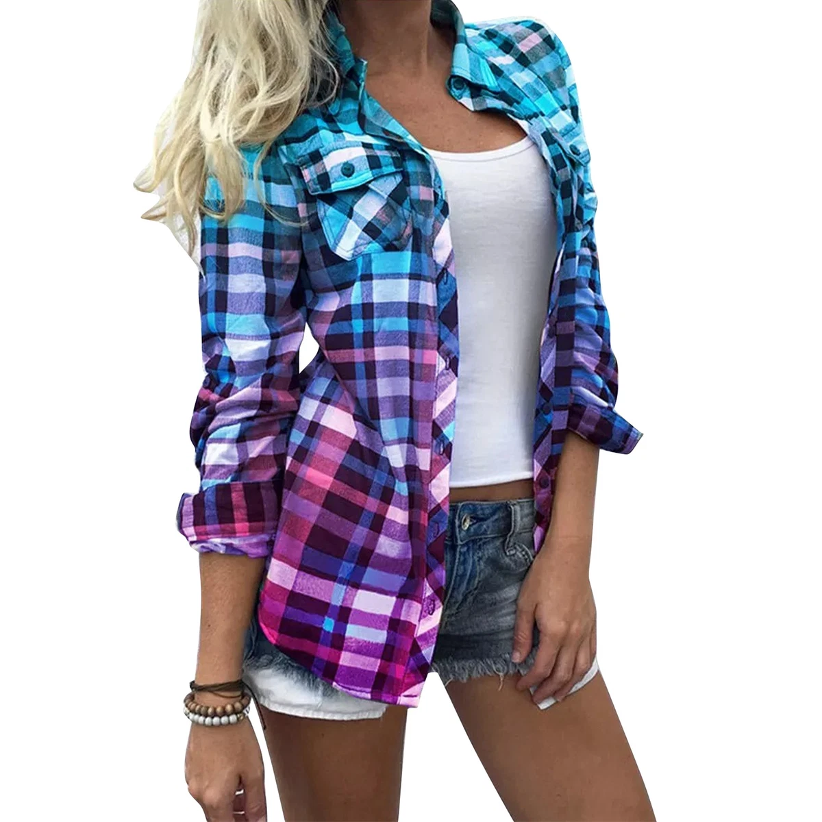 Women Long Sleeve Cardigan Jacket Ladies Plaid Casual Loose Shirt Tops Coat BS3