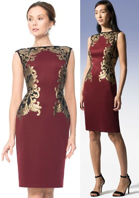 Tadashi Shoji Neoprene Embroidered Gold Sequin Lace Auburn Black Dress L  $348 | eBay
