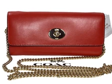 Coach F53890 Leather Turnlock Slim Chain Wallet in Carmine (red) NWT