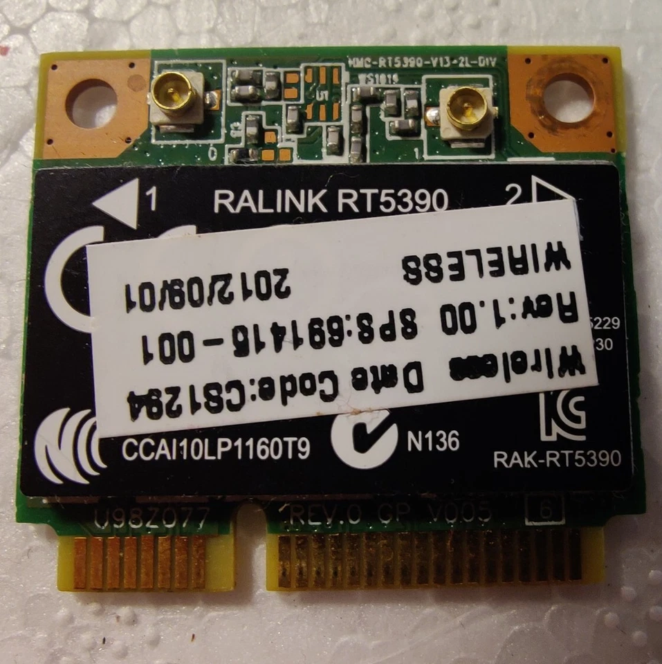 HP RT5390 802.11bgn 1x1 Wi-Fi Adapter Part # 691415-001 - Image 2 of 2