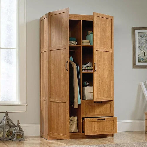 Bedroom Wardrobe Cabinet Storage Closet Organizer in Medium Oak Finish-image