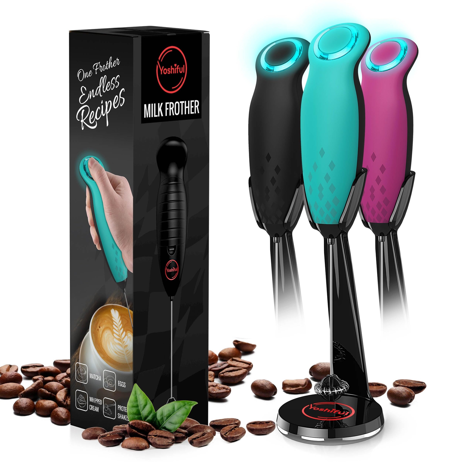 Milk Frother for Coffee with Deluxe Stand - Coffee Frother Handheld Foam Make...