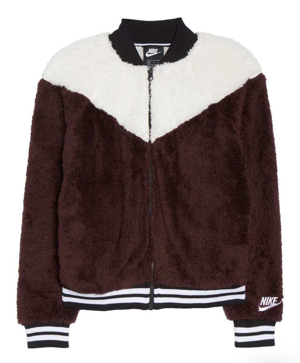 Women's Nike NSW Wolf Sherpa Bomber Jacket Fleece Burgundy Size