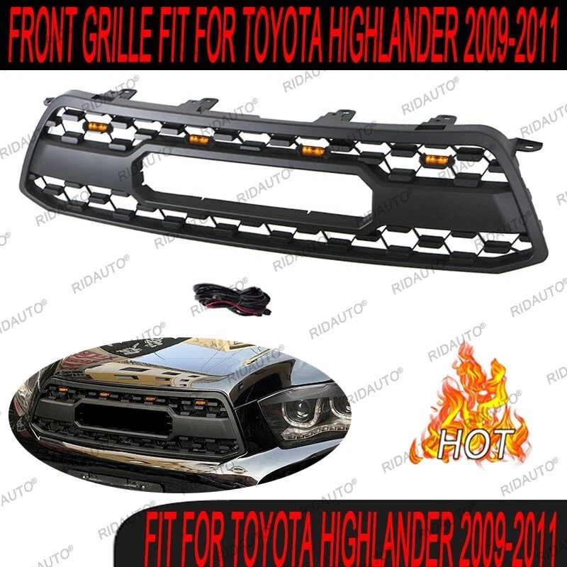 Rejilla delantera negra apta para Toyota Highlander 2009-2011 con luz LED ámbar Foto 4 de 4