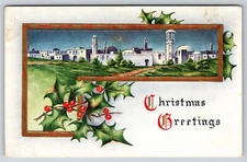 Holiday~Holly Air View of Castle & Christmas Greeting~Whitney Made Postcard
