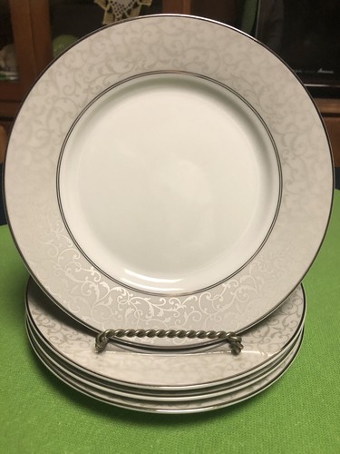 Mikasa Parchment 8" Salad Plates Set of 4 Platinum Scroll Borders L3438 Lovely