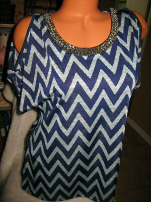 LAVISH WOMEN'S MEDIUM COLD SHOULDER BLOUSE TOP BLUE PATTERNED