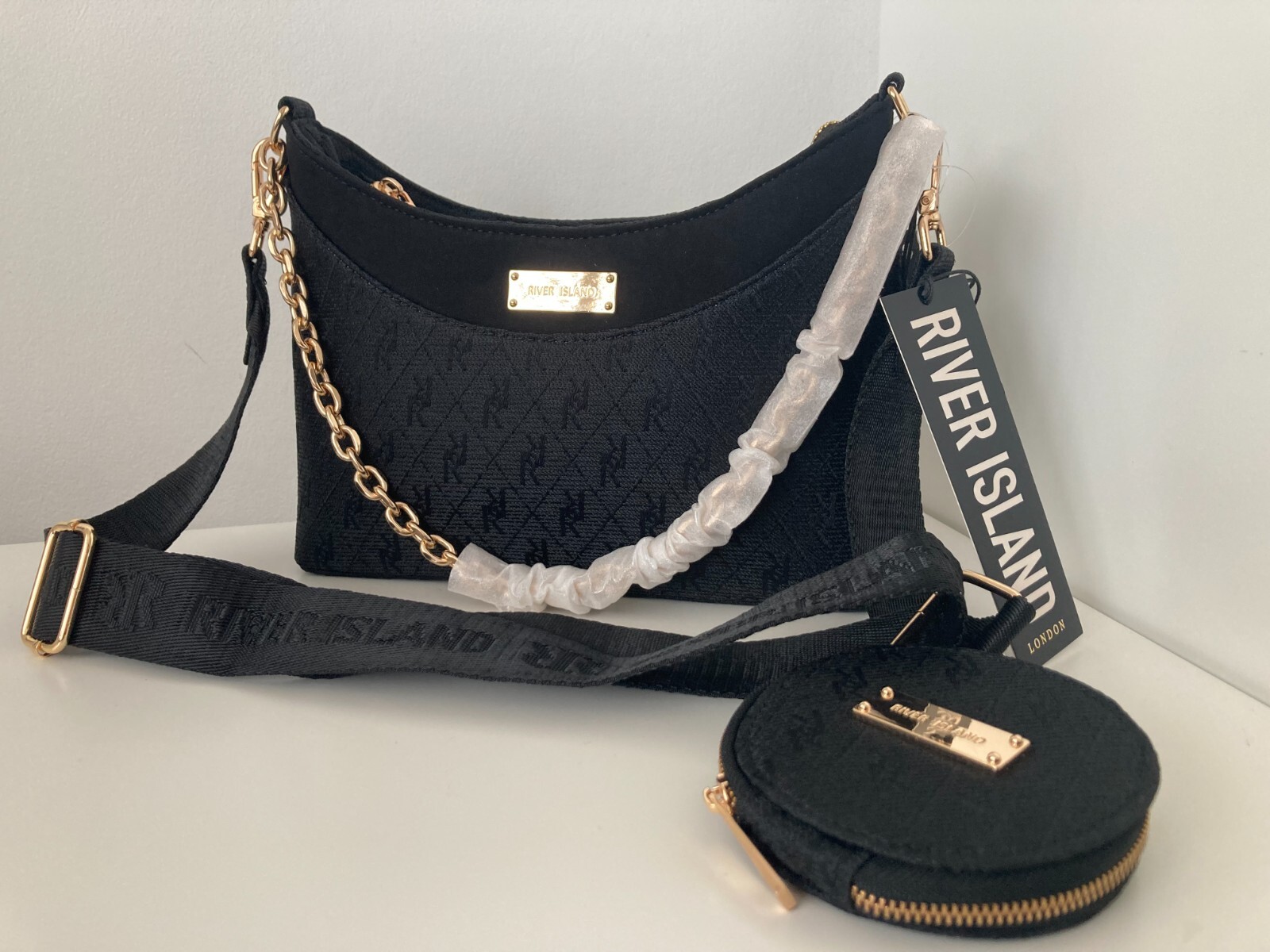 River Island over the shoulder Bag Black Jacquard new with tags eBay