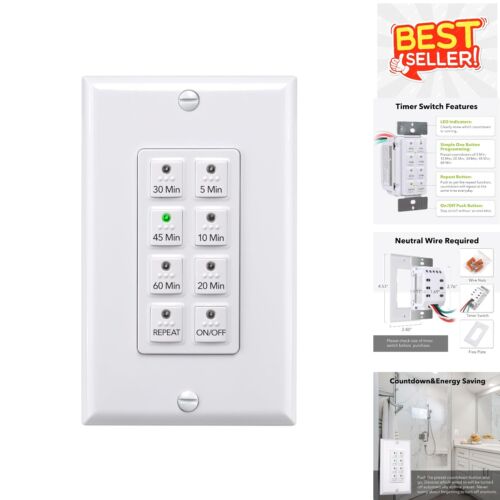 ETL Listed In-Wall Countdown Timer for Bathroom Fan & Light - Adjustable 60 Min