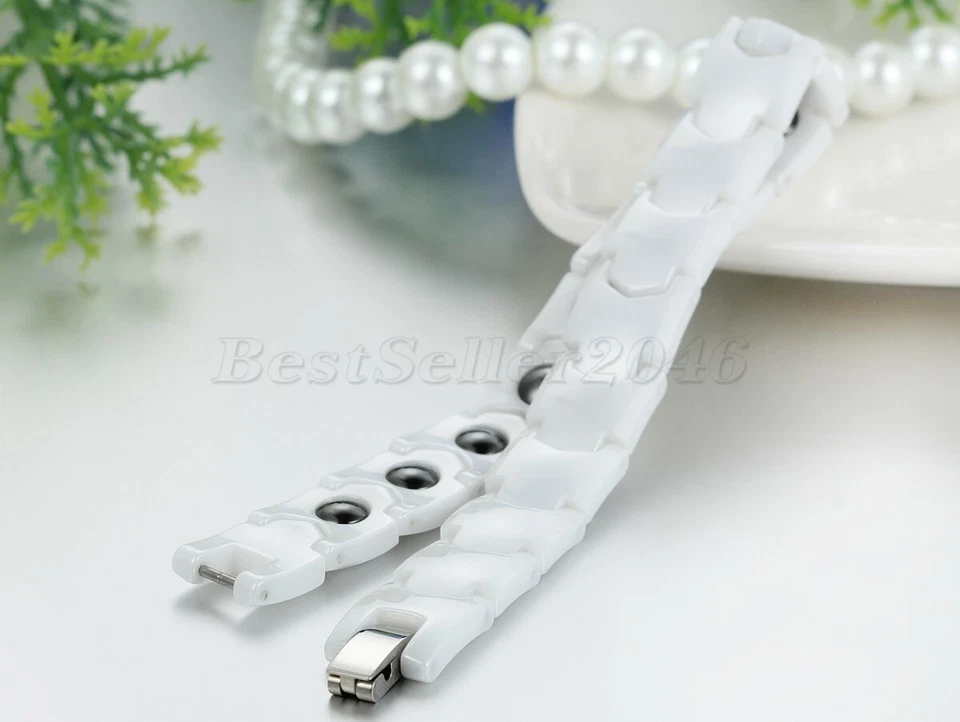 Pulseira magnética de cerâmica preta branca masculina feminina 11 mm de largura bracelete saudável 8" - Imagem 3 de 4