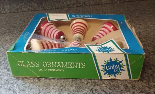 Vintage Coby 6 Red & White Striped Bell Shaped Glass Christmas Tree Ornaments - Picture 8 of 19