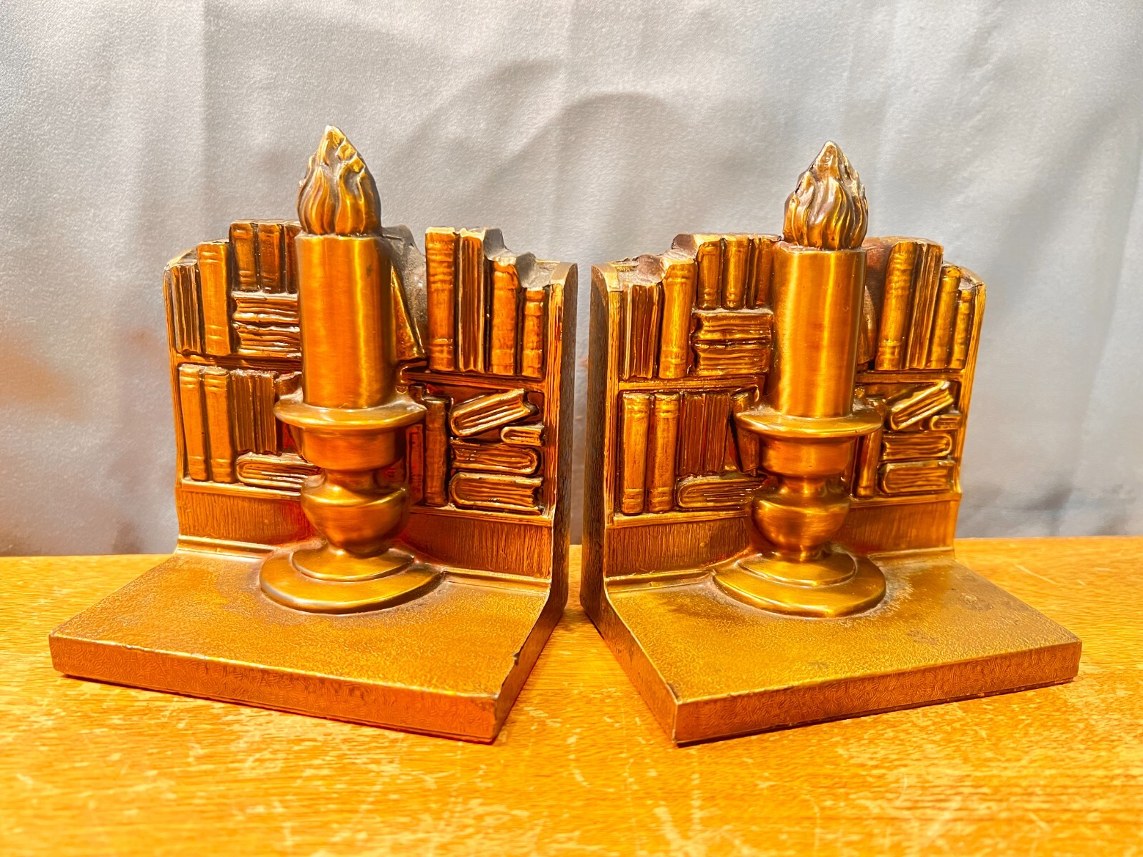 Vintage Bookends Philadelphia Mfg Co Cast Bronze/Brass Candles Books