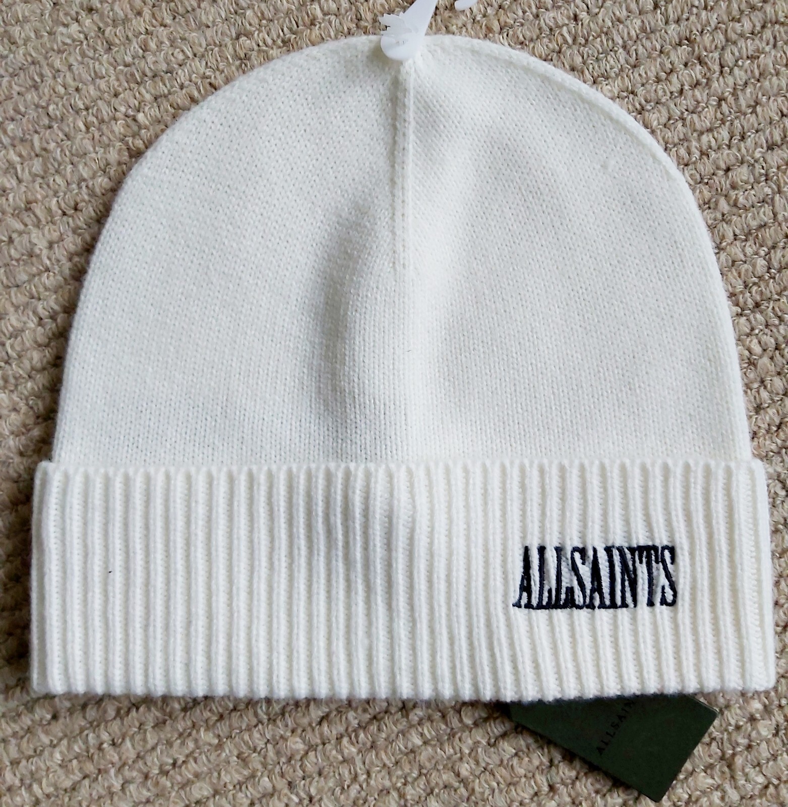 Genuine ALLSAINTS 30% Wool Chalk White CUFF BEANIE LOGO Hat Femme Woman TAGS