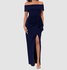 Xscape Women's Blue Off-the-Shoulder Ruched Side-Slit Gown Dress Size 16