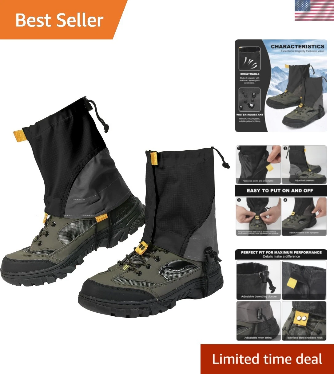 Waterproof Gators for Hiking Boots and Shoes Lightweight Adjustable Leg Gaite...