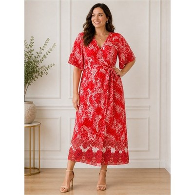 MAREE Pour Toi Red Floral Paisley Wrap Maxi Dress Tie Waist Size 22