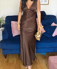HELLOMOLLY Brown Satin V-Neck Strappy Sleeveless Maxi Dress XS Formal