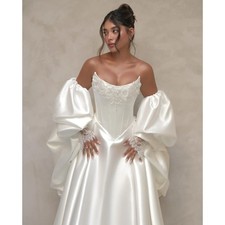 Elegant Satin Wedding Dresses Strapless Lace Puff Sleeves A-Line Bridal Gowns  